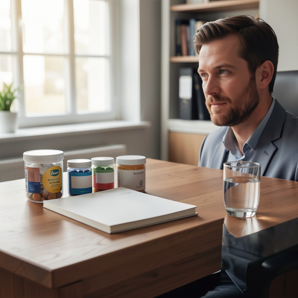 Notebook and supplement containers arranged on a desk beside a glass of water, man's hand writing morning journal notes, soft natural daylight