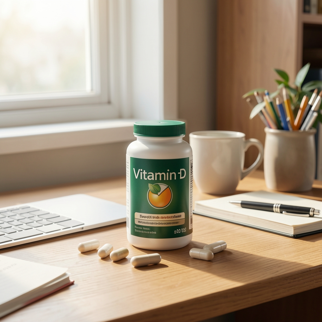 Vitamin D supplement container and glass of water on a wooden morning desk, editorial flat lay composition, warm natural light