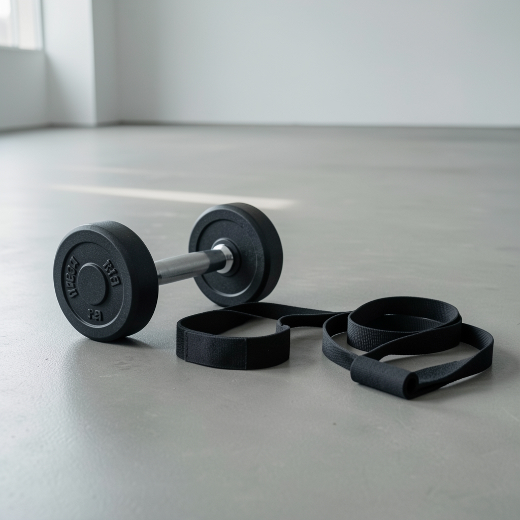 Weights and resistance band laid on a clean gym floor surface, editorial composition showing active lifestyle equipment, minimal studio setting