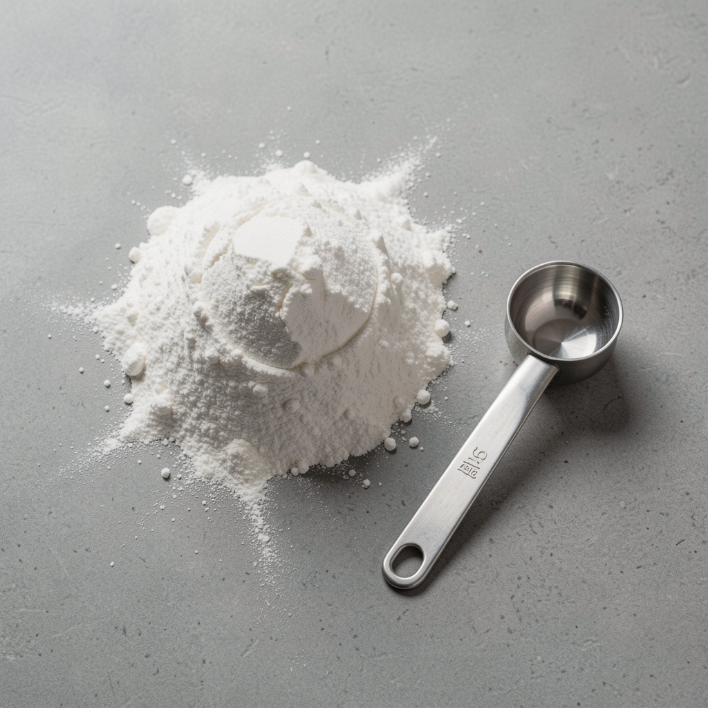 Creatine powder and measuring scoop on a neutral surface, editorial overhead composition, gym bag in background
