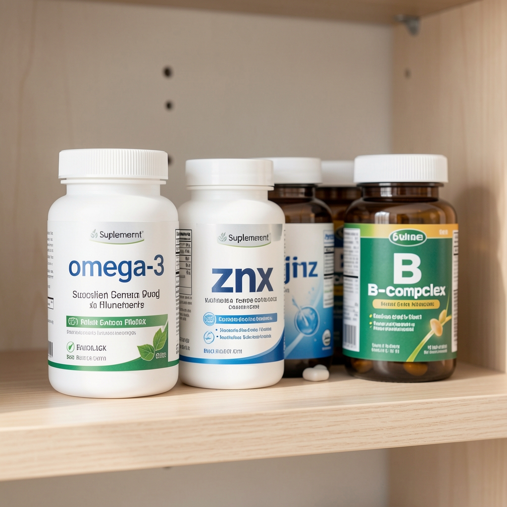 Supplement labels on a clean wooden shelf showing omega-3, zinc, and B-complex bottles arranged in a row, editorial composition with soft natural light