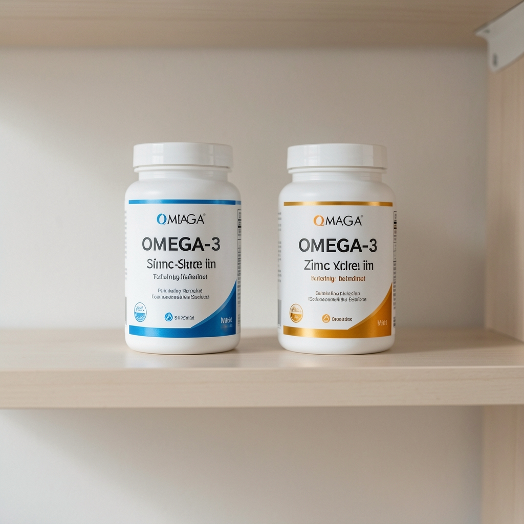 Omega-3 fish oil daily supplements and zinc supplement containers on a clean shelf, editorial overhead composition, minimal studio setting