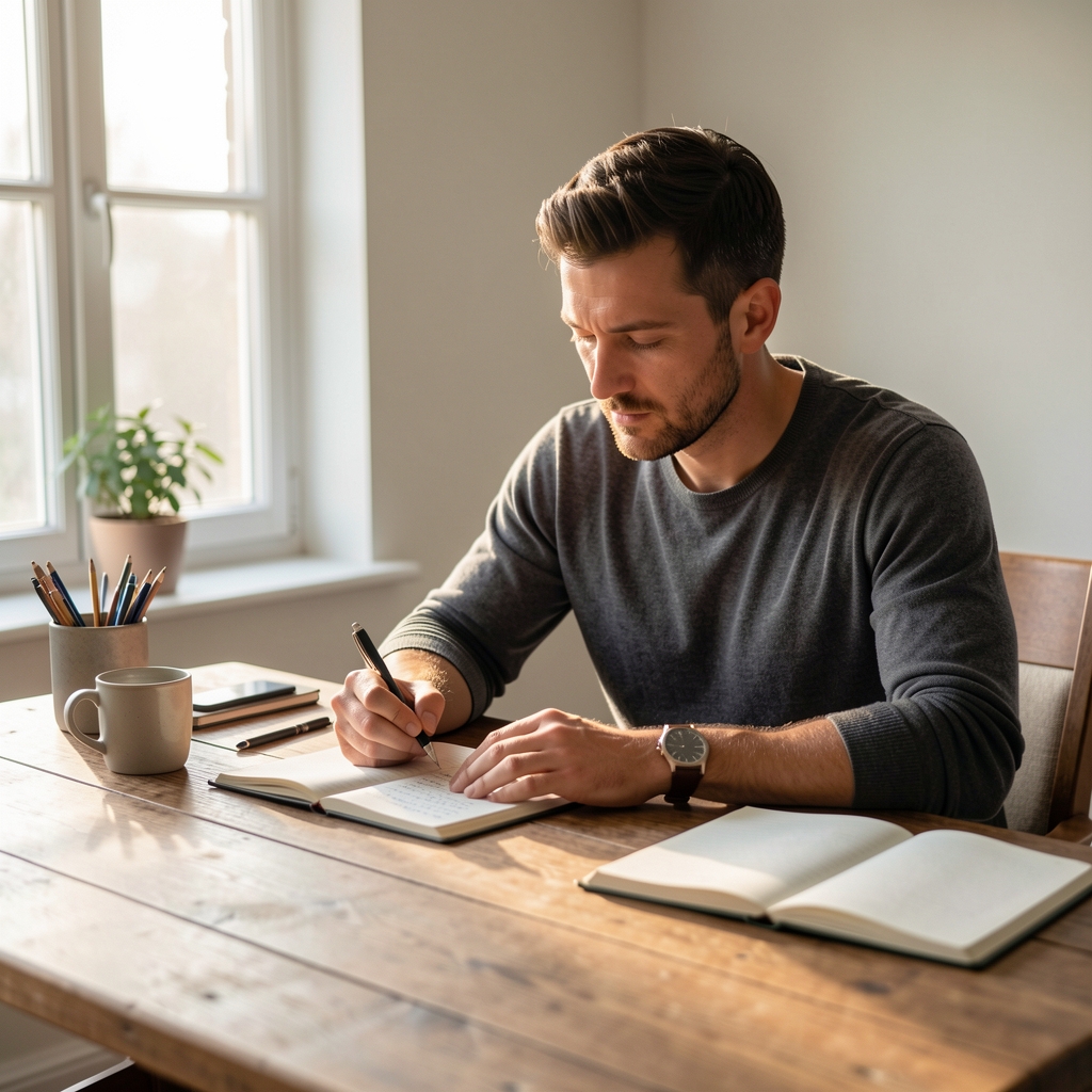 Man journalling supplement notes at a wooden desk, morning light filtering through a window, minimal editorial composition